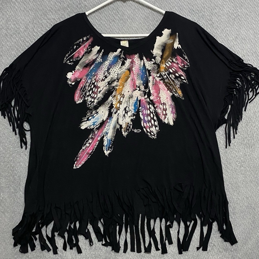 Liberty Wear Women's Feathers T Shirt Sz 2XL Rhinestones Black Fringe